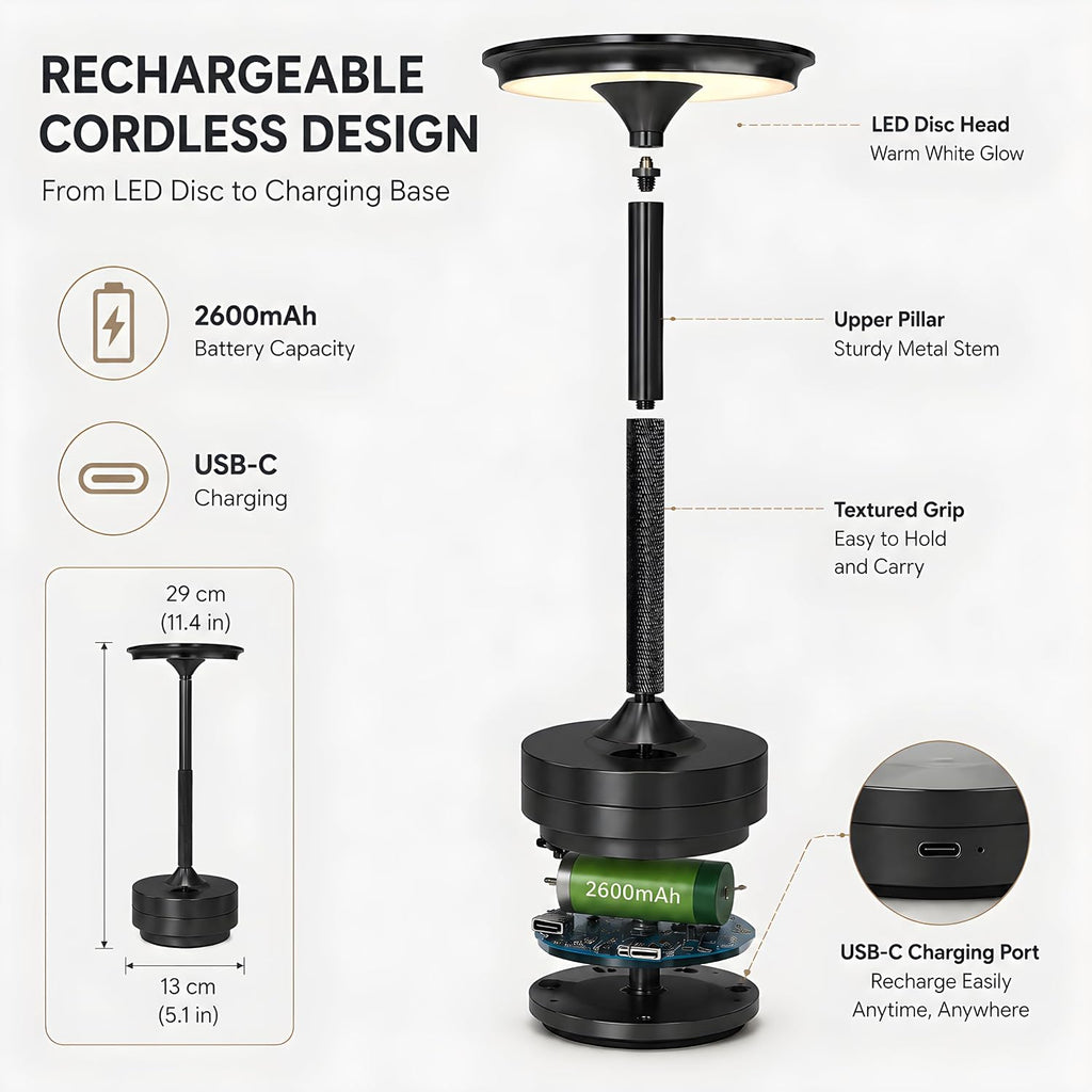 Cordless Rechargeable LED Table Lamp, 11.5 inches Modern Portable Desk Lamps 3 Colors Adjustable Brightness, 2600 mAh Battery Powered Table Light for Bar Restaurant Dining Black 2Pcs