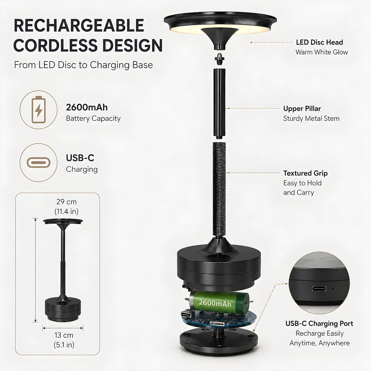 Cordless Rechargeable LED Table Lamp, 11.5 inches Modern Portable Desk Lamps 3 Colors Adjustable Brightness, 2600 mAh Battery Powered Table Light for Bar Restaurant Dining Black 2Pcs