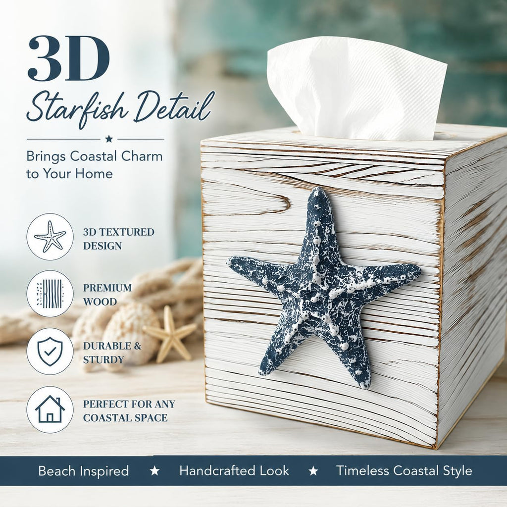 Coastal Tissue Box Cover Wooden Retro with Sliding Bottom Panel Beach Decor for Bathroom Bedroom Living Room,Starfish Decor Suitable for Coastal Gifts Beach House Gifts