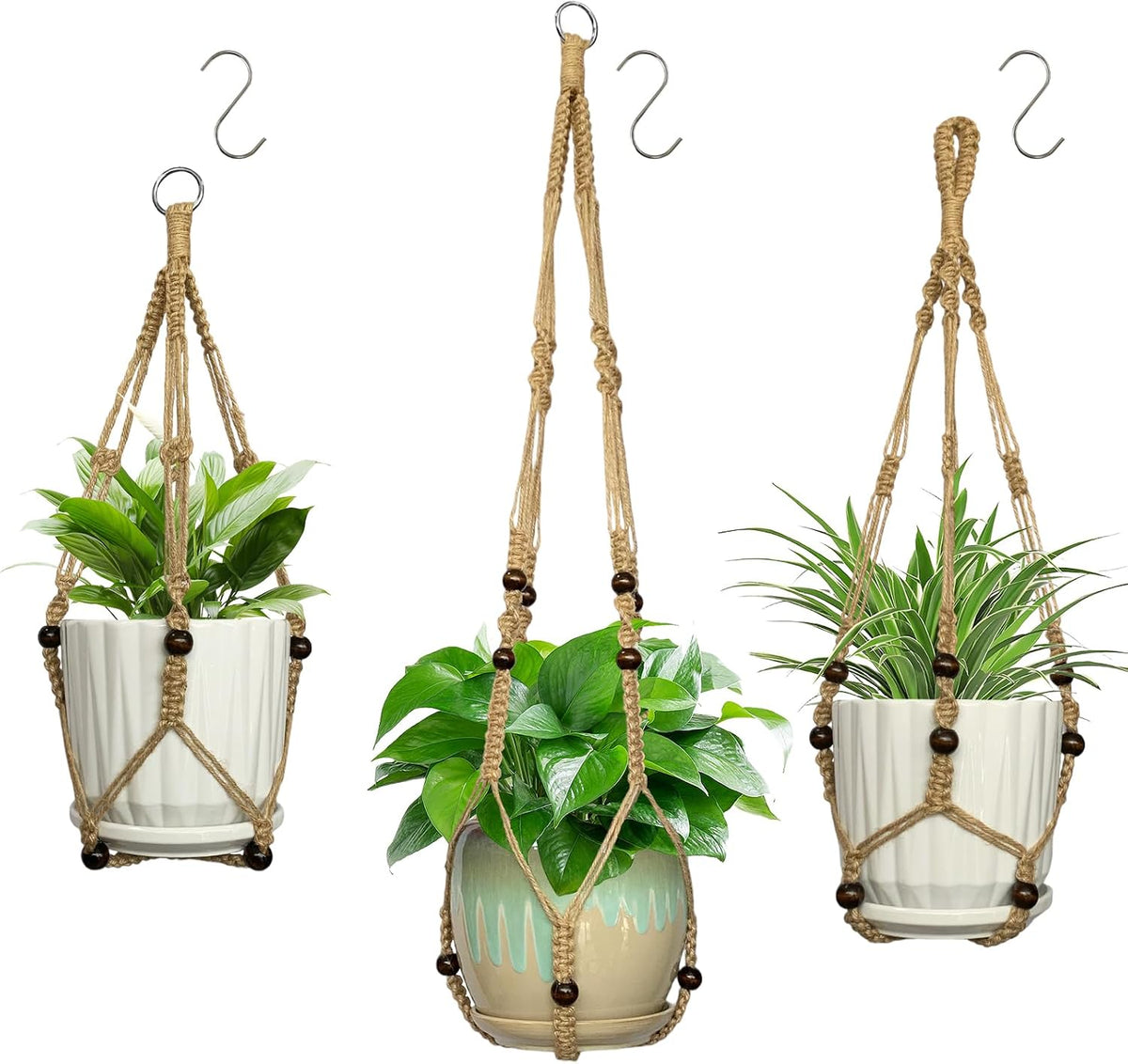 3 Pcs Macrame Plant Hangers,Indoor Different Size Hanging Planter Basket Flower Pot Holder with Beads,No Tassels Hanging Planter Basket with Wood Beads for Indoor Outdoor Home Decor