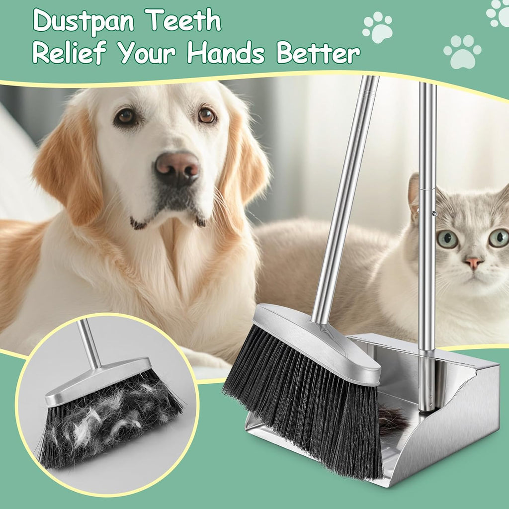 Dustpan with Broom Set,Long Handle Stainless Steel Dustpan and Broom Combo