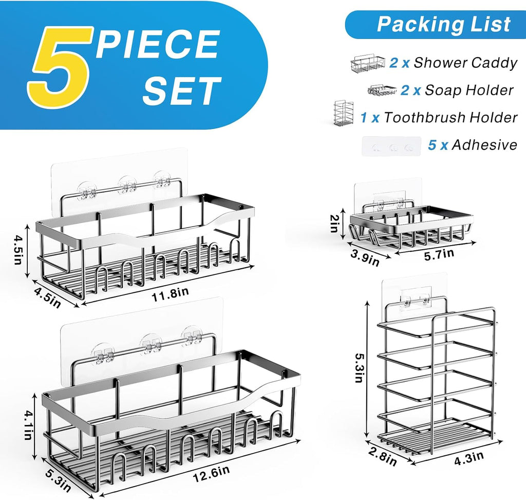 EUDELE 5-Pack Adhesive Shower Caddy Organizer, Large Capacity Rustproof Stainless Steel Shower Shelves, No Drill Bathroom Storage for Shower, Kitchen & Home Decor