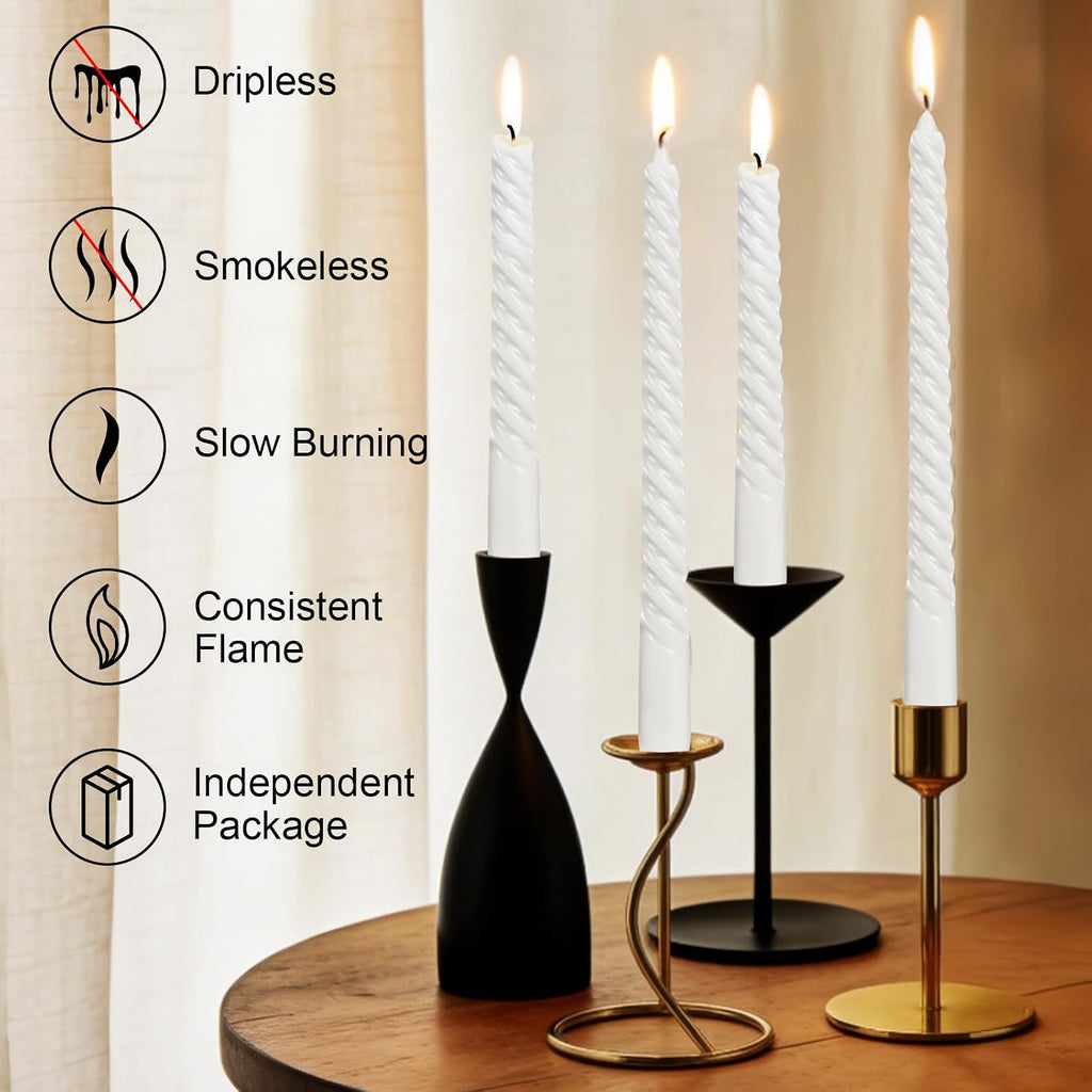 Tobeape 10" White Spiral Taper Candle Sticks 4 Pack, Unscented & Dripless