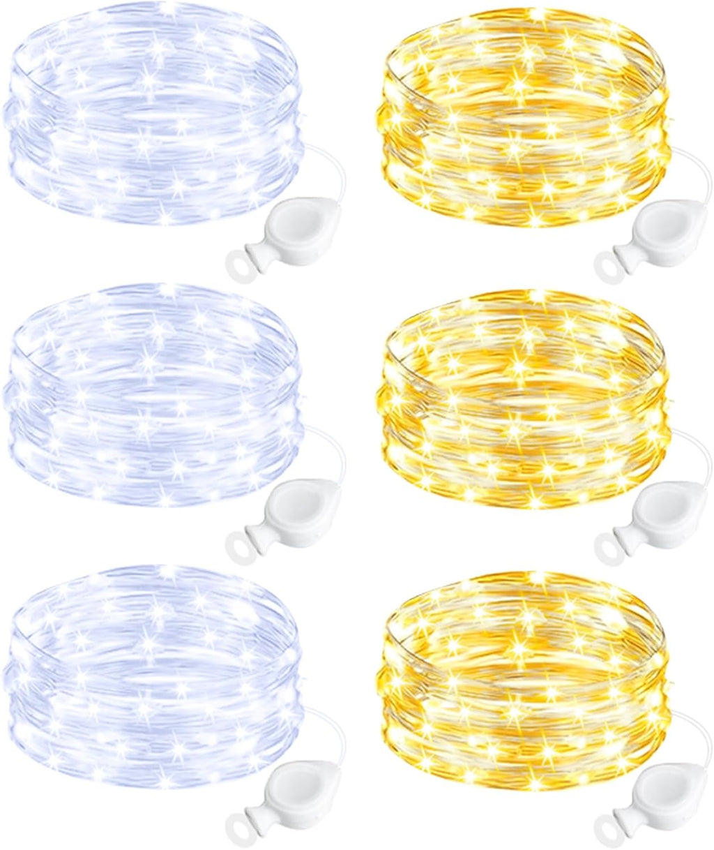 btfarm 6 Pack Fairy Lights Battery Operated, 7FT 20 LED Mini String Lights Waterproof Silver Wire for Mason Jars Centerpiece Table Crafts Bedroom Christmas Decoration, Cool-Warm White