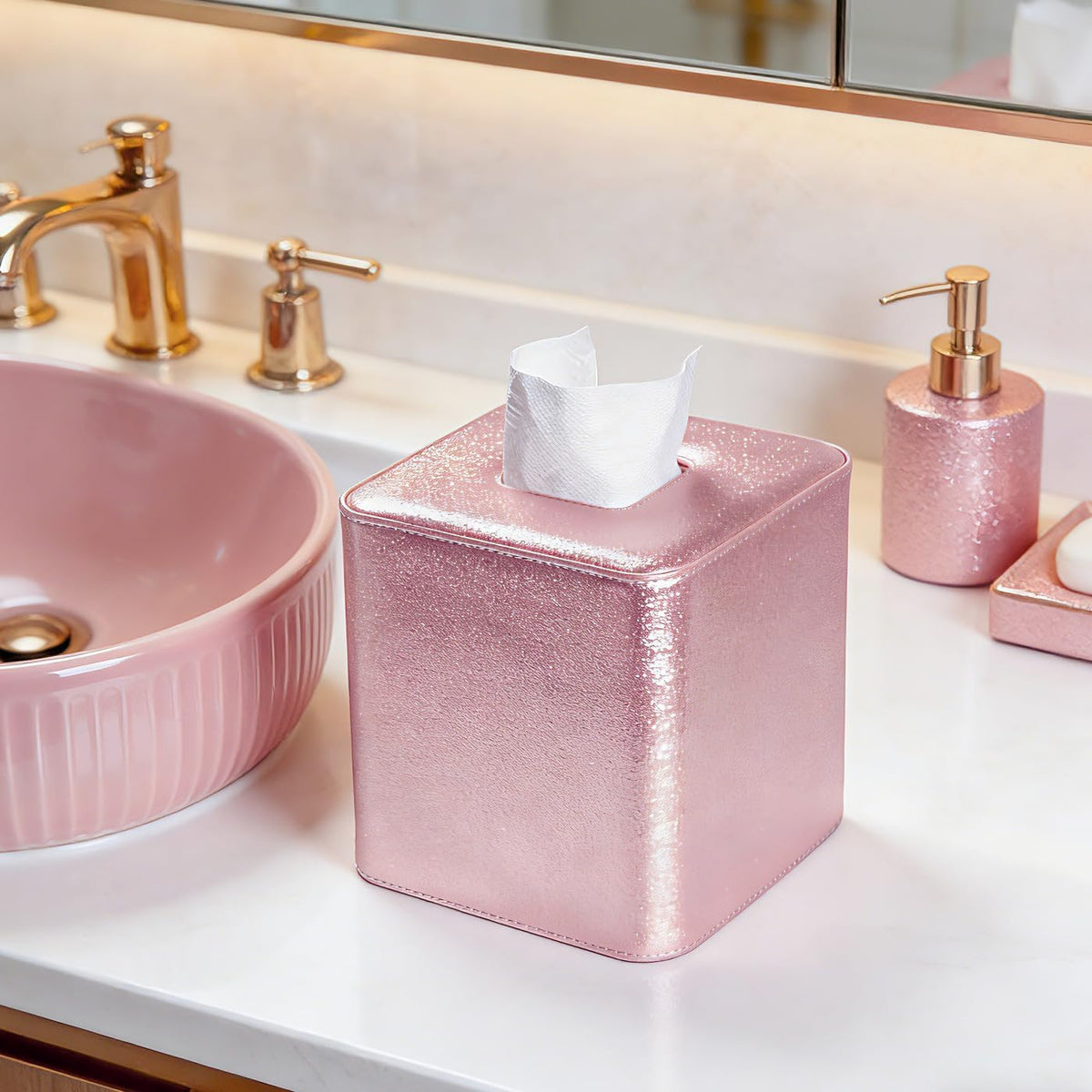 GORESE PU Leather Tissue Box Cover Square, Decorative Tissue Box Holder for Kleenexs, Tissue Cover for Vanity, Bathroom, and Office, Elegant Shimmer Cube Tissue Box (Pink)