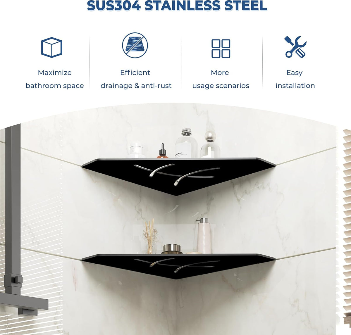 FerdY 2-Pack 10" Matte Black Recessed Corner Shower Shelf, for Tiled Bathroom Walls, Floating Shower Shelf, 304 Stainless Steel Shower Caddy Storage Shelves, No Drilling Required, Irregular Diamond