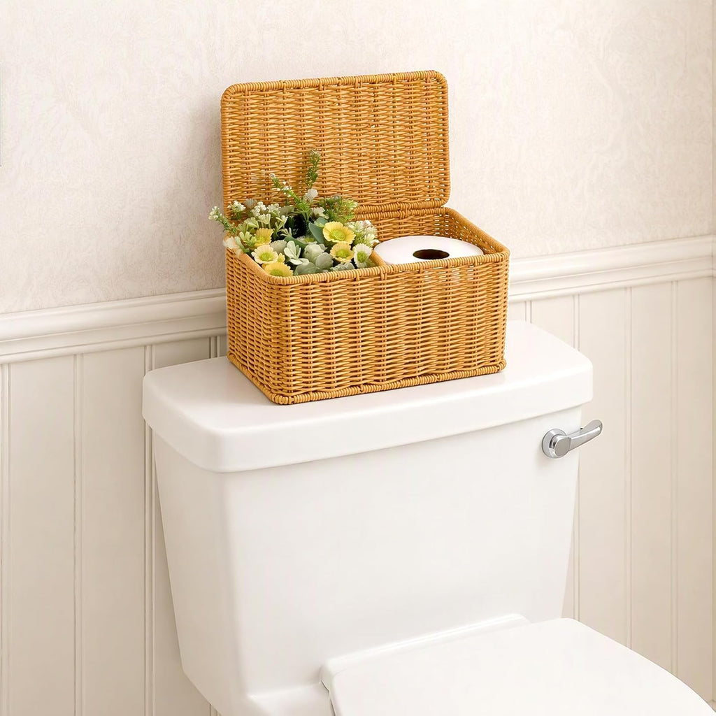 Sumnacon Wicker Storage Basket with Lid, Rectangle Bathroom Narrow Baskets