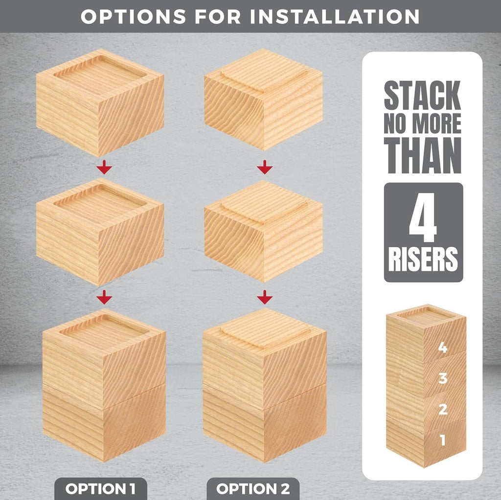 FASONLA Bed Risers (Set of 4) - Oak Solid Wood Furniture Risers Lifts Height 2" with Non-Slip Recessed Hole (4pcs-2" Height-Natural Color)