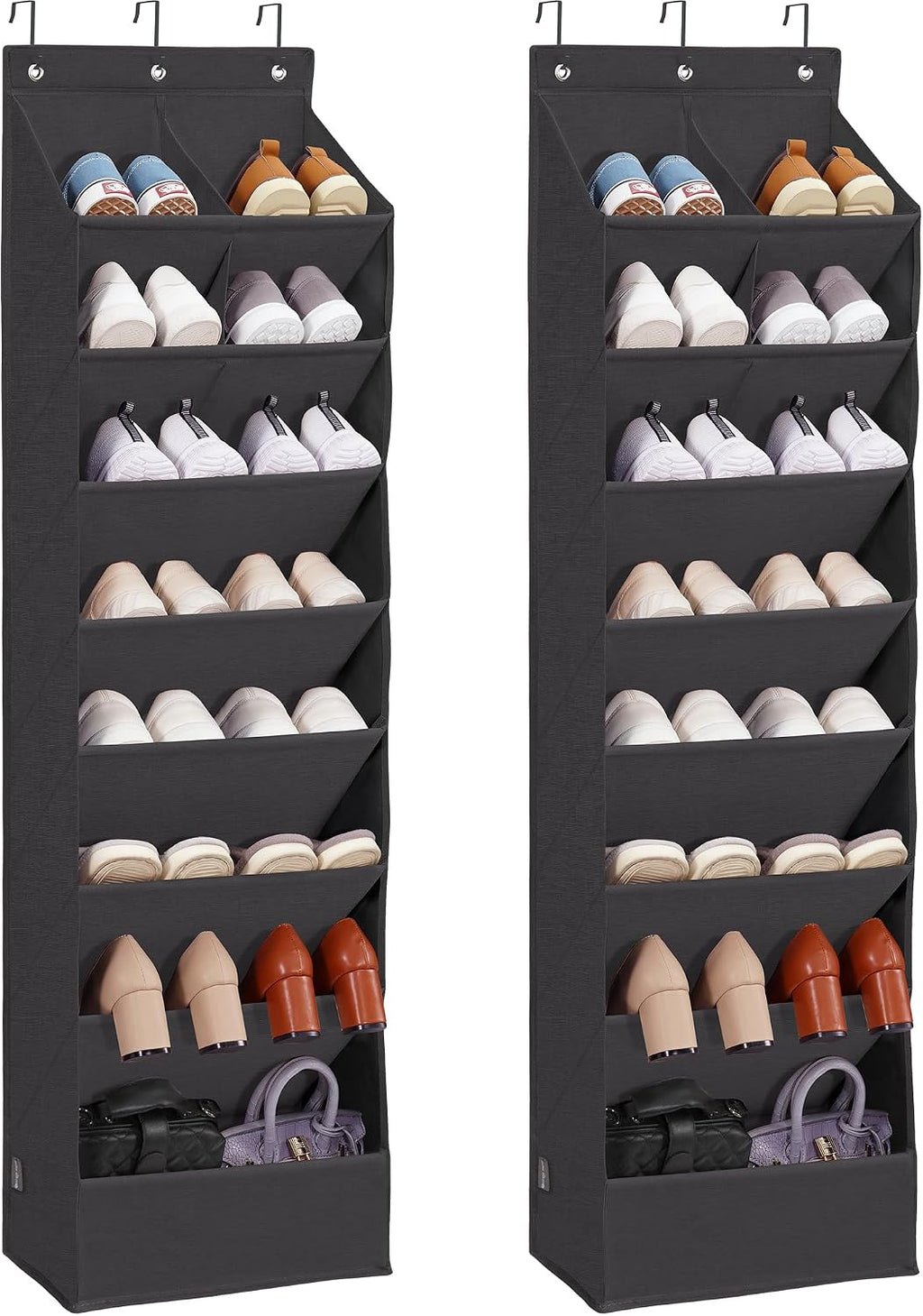 Over Door Organizer with 10 Extra Large Pockets, 23 Pairs Shoes Large Capacity Hanging Storage Organizer for Shoes, Diapers, Black, 8 Layers, 2-Pack