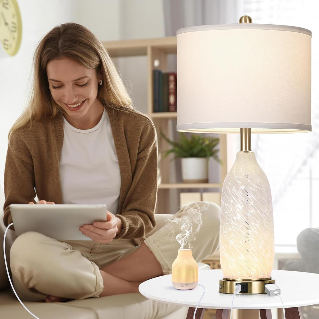 Rinweey 26" Modern Clear Glass Table Lamps Set of 2,Nightstand Lamp with USB A+C Ports & AC Outlet,Bedside Lamps with 3-Way Dimmable Touch Control Night Light for Bedroom Living Room(Bulbs Included)