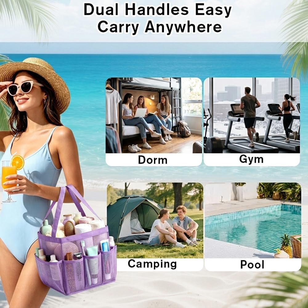 Mesh Shower Caddy Portable for College Dorm Room Essentials, Large Foldable Camp Travel Shower Bag with 9 Pockets, Quick Dry Bathroom Toiletry Tote Bag for Beach Swimming Gym Women Men (Purple)