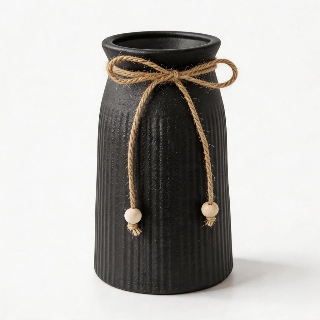Small Ceramic Vase for Home Decor, 6" Farmhouse Ribbed Vase with Twine Bow, Black Decorative Flower Vase for Pampas Grass, Rustic Boho Vase for Table, Shelf, Living Room, Office