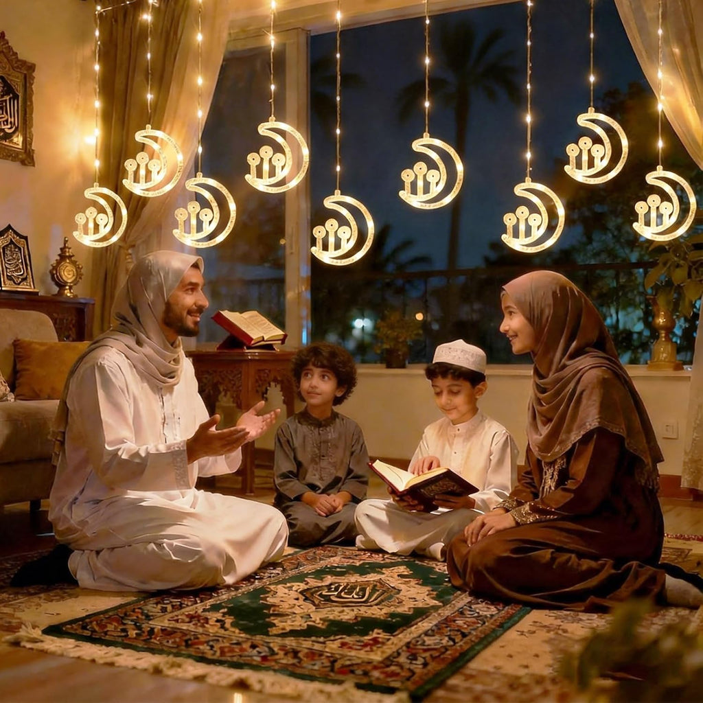 Vigdur Ramadan Curtain for Home, 10FT 120 LEDs Moon Lights with Remote