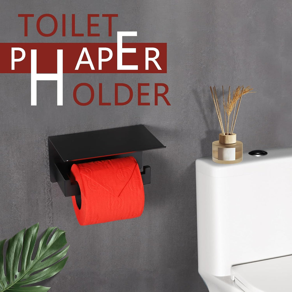 LANC Black Toilet Paper Holder with Shelf, Bathroom Toilet Paper Roll Holder with Phone Shelf for Bathroom Wall Mount, Tissue Roll Holder Stainless Steel, A8367MB