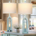 27" Farmhouse Table Lamps for Living Room,Blue Vintage Lamps Set of 2 with USB A+C Charging Ports & AC Outlet, Retro Nightstand Lamp with Fabric Shade for Bedroom, Entryway(4 Bulbs Included)