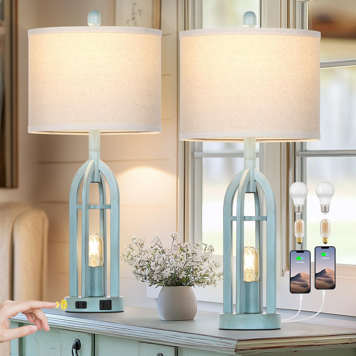 27" Farmhouse Table Lamps for Living Room,Blue Vintage Lamps Set of 2 with USB A+C Charging Ports & AC Outlet, Retro Nightstand Lamp with Fabric Shade for Bedroom, Entryway(4 Bulbs Included)