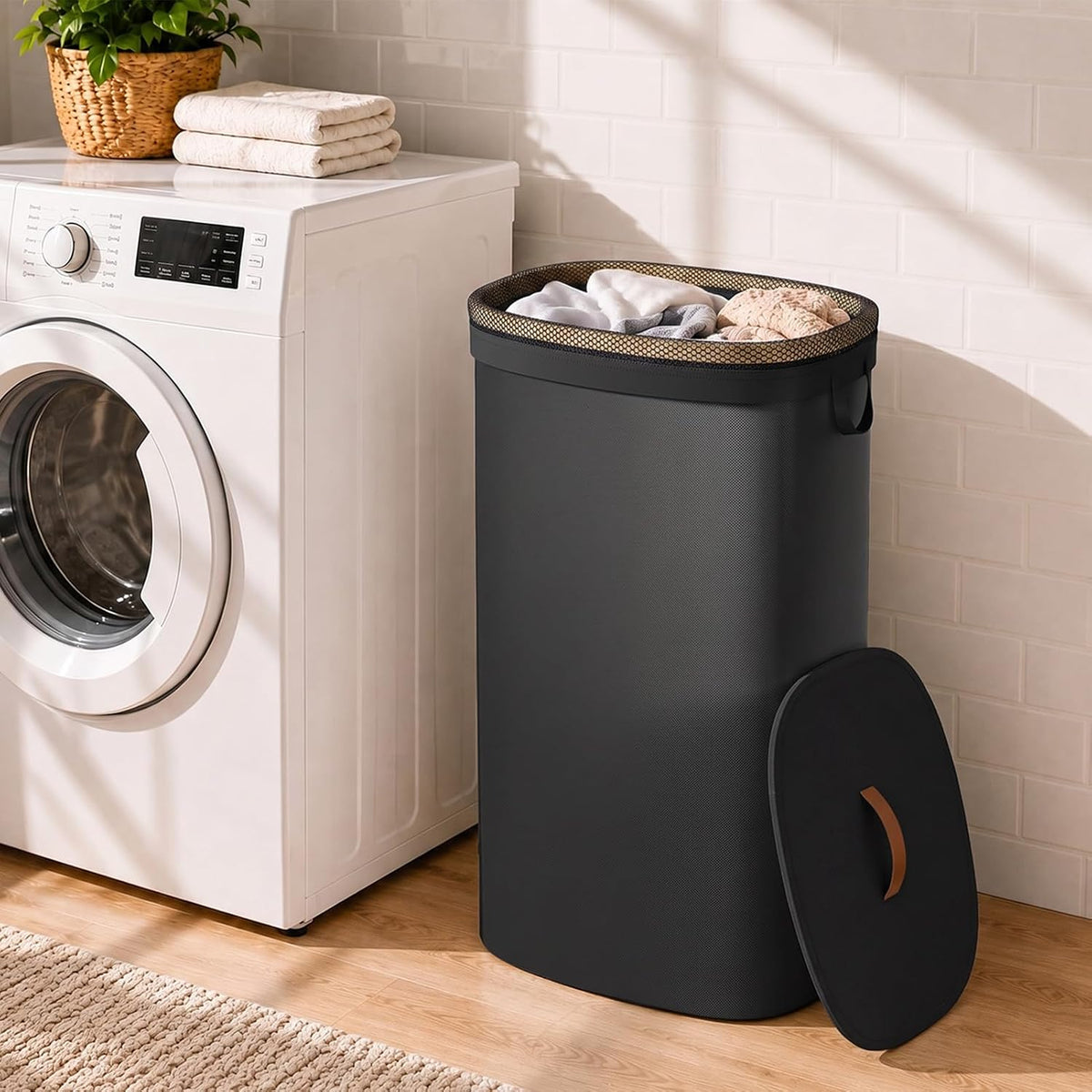 Laundry Hamper with Lid, 90L Large Tall Laundry Basket with Removable Laundry Bag, Collapsible Dirty Clothes Hamper for Bedroom, Bathroom and Laundry Room, Black