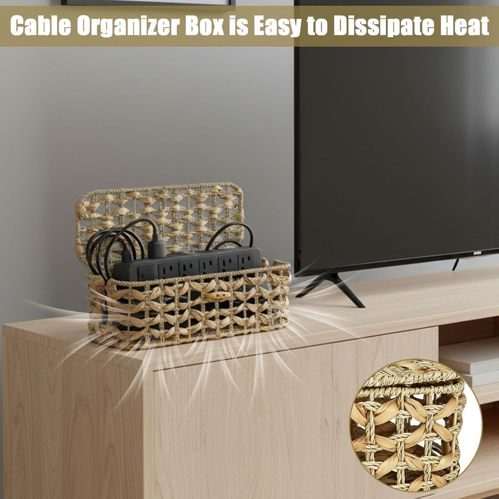 Handwoven Cable Management Box with Lid, Decorative Cord Organizer Basket for Power Strip, Charger, Router and USB Hub, Rectangular Cable Hider for Home Office Desk Shelf