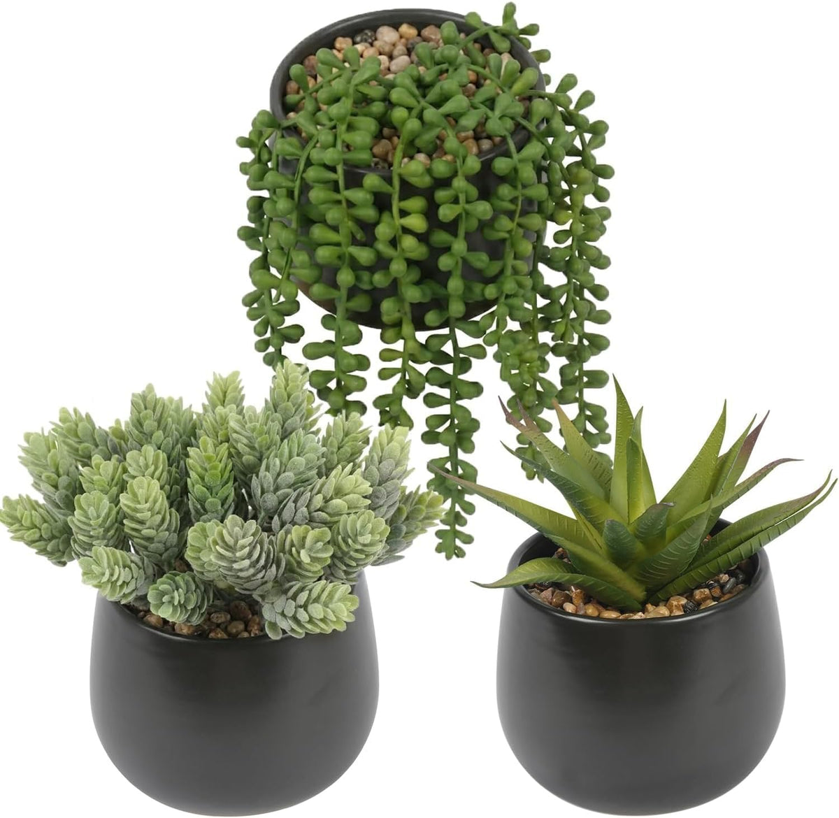 Velener Artificial Succulents Plants in Black Pots (Set of 3) - Faux String of Pearls, Aloe & Sedum Potted Plants Small Fake Plants Indoor for Home Office Table Desk Shelf Kitchen Bathroom Decor