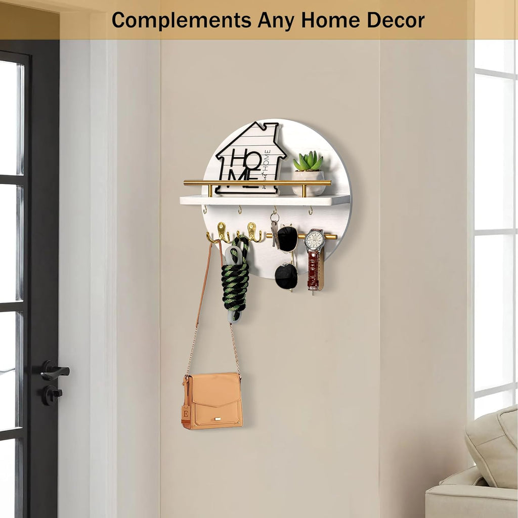Key Holder Wall Mount with Shelf and Hooks, Mail Organizer for Wall, White