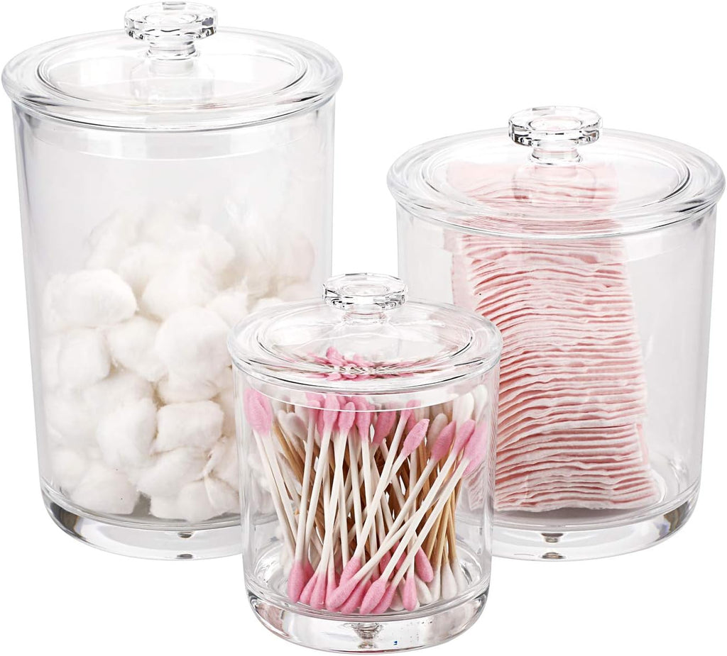 Hipiwe Clear Plastic Apothecary Jars with Lid, Large Size Bathroom Storage Canister Jar Cotton Ball and Swab Organizer Q-Tips Holder, 60-Ounce, 30-Ounce and 15-Ounce, Set of 3 (Pack of 2)
