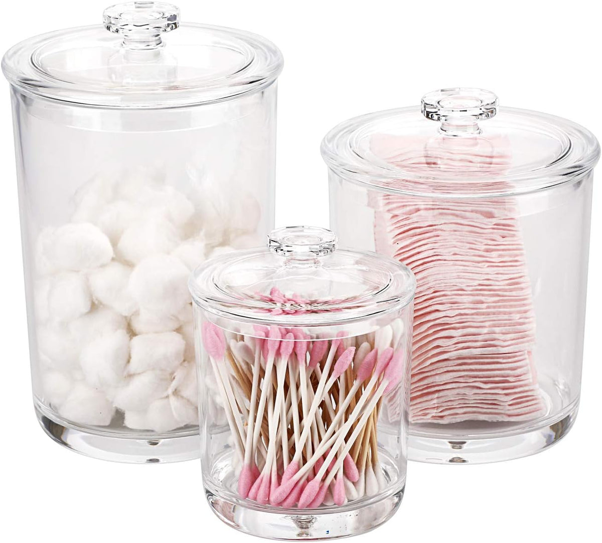 Hipiwe Clear Plastic Apothecary Jars with Lid, Large Size Bathroom Storage Canister Jar Cotton Ball and Swab Organizer Q-Tips Holder, 60-Ounce, 30-Ounce and 15-Ounce, Set of 3 (Pack of 2)