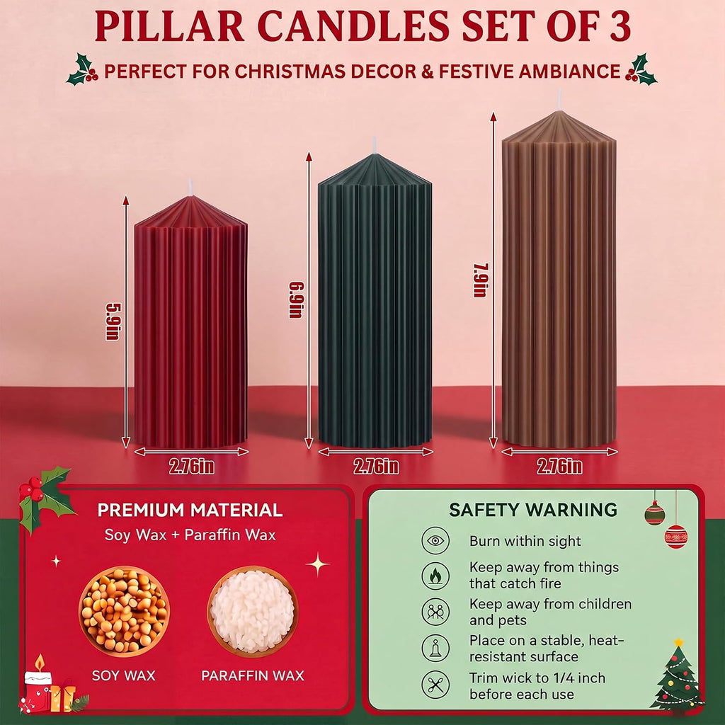 Mtlee 3 Pack Christmas Ribbed Pillar Candles, Burgundy, Forest Green, Brown