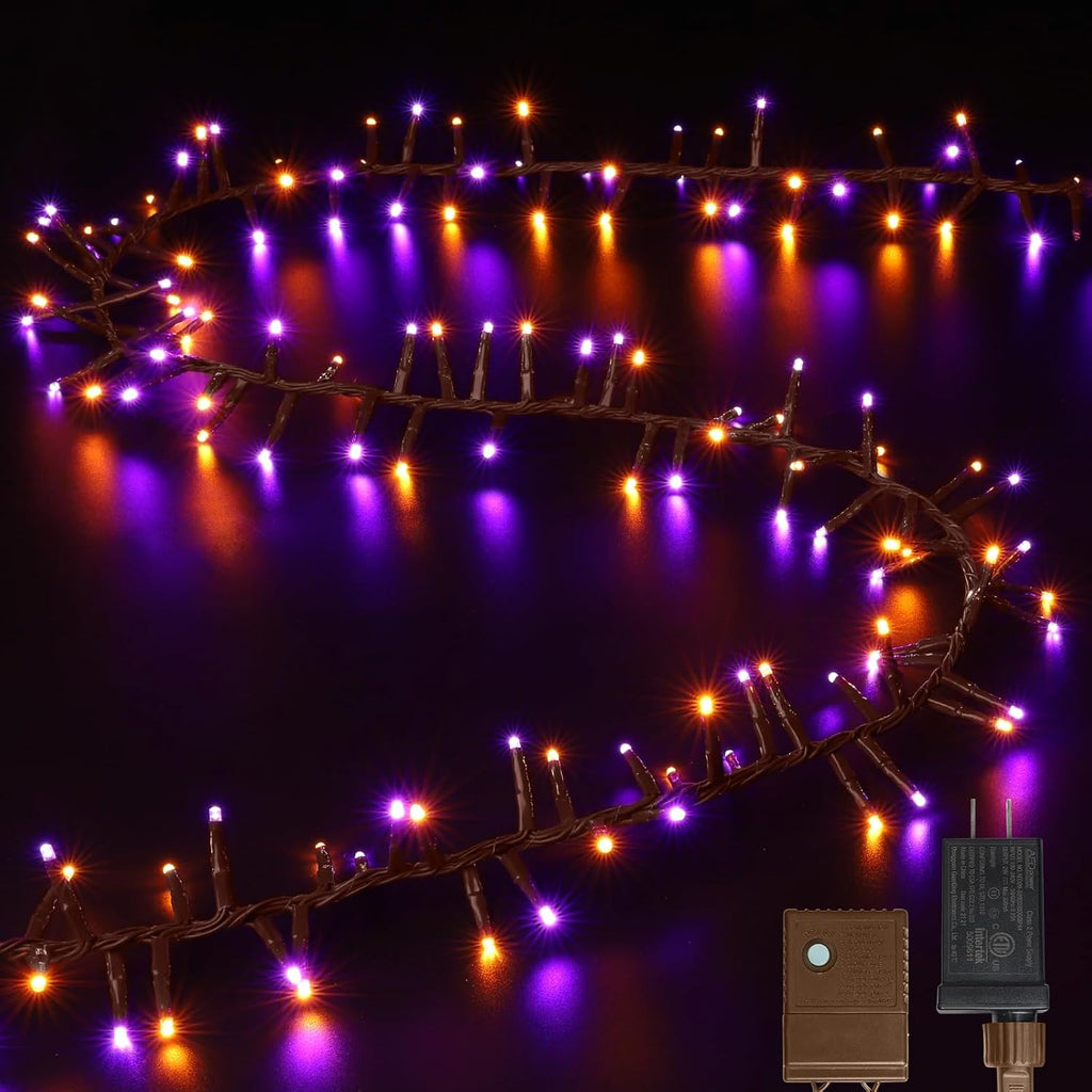 LAMPHOME 500 LED String Lights Outdoor, 16 Modes Plug in Twinkle Fairy Lights for Bedroom, 46ft 500LED Halloween Lights Cluster Lights Outdoor Waterproof-Purple&Orange