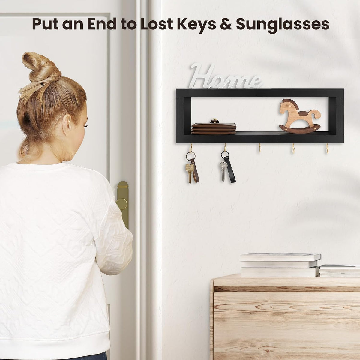 Lwenki Wall Shelf with Hooks - Decorative Key and Wallet Holder for Wall Holds Sunglasses, Leashes, Scarves and Lanyards - 15.7" x 5.1" x 2.9" Entryway Organizer Made of Paulownia Wood (Black)