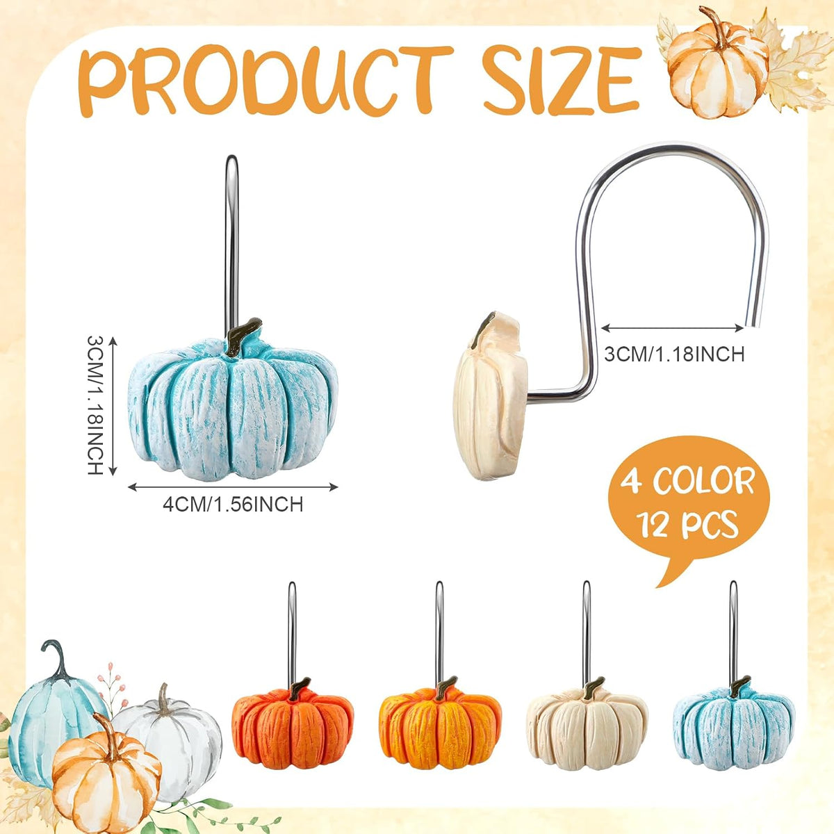 Reallnaive 12 Pcs Pumpkin Fall Shower Curtain Hooks Farmhouse, Blue