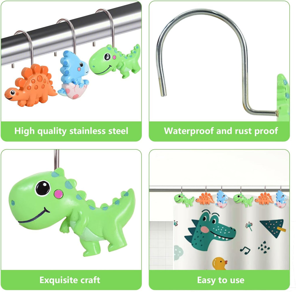 12-Piece Dinosaur Shower Curtain Hooks for Bathroom