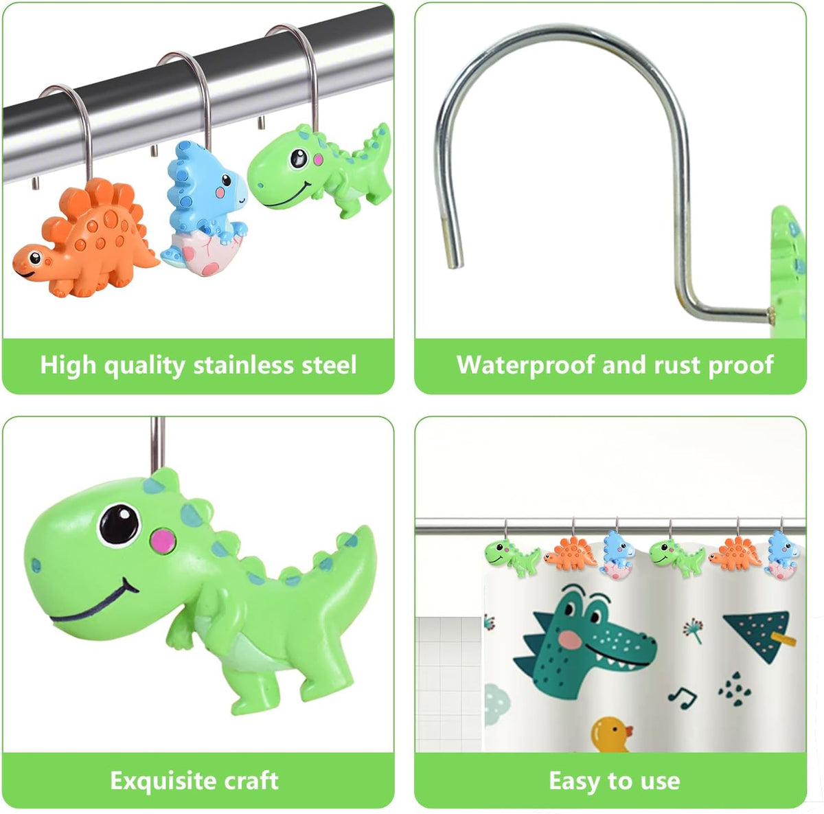 12-Piece Dinosaur Shower Curtain Hooks for Bathroom