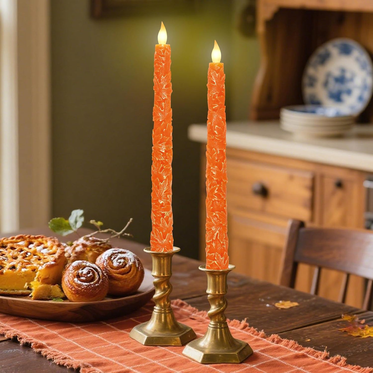 Impress Life Fall Flameless Taper Candles, Carved Maple Leaf Real Wax
