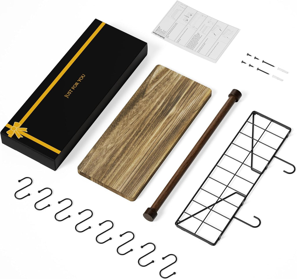 Alsonerbay Floating Shelf for Wall with Wooden Towel Bar, Carbonized Black
