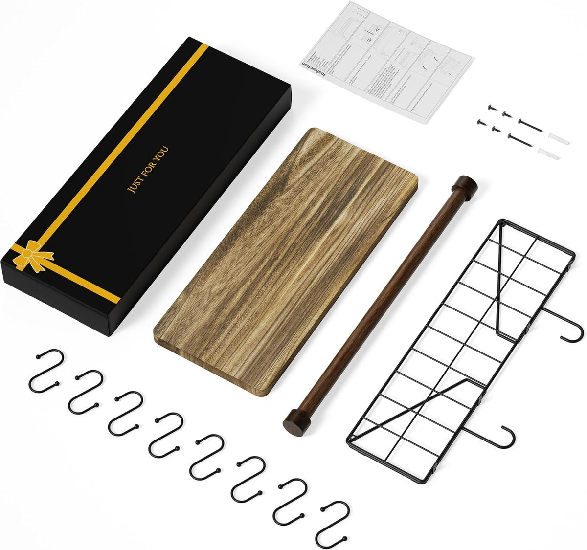Alsonerbay Floating Shelf for Wall with Wooden Towel Bar, Carbonized Black