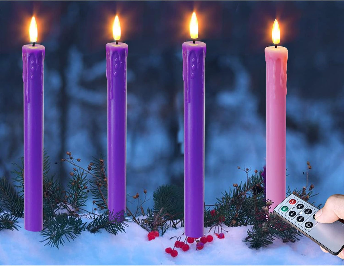 Set of 4 LED Christmas Candle Lights, Battery Operated Taper Candles for Advent Wreath, 3 Purple 1 Rose Flickering Wax Flameless Candles for Holiday School Church Celebration