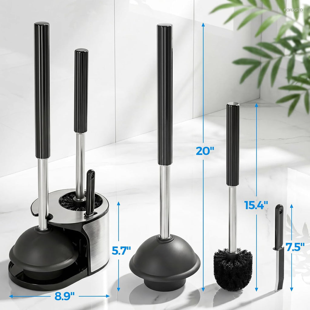 FORASTO 3in1 Stainless Steel Toilet Plunger and Brush Set - Bathroom Tools