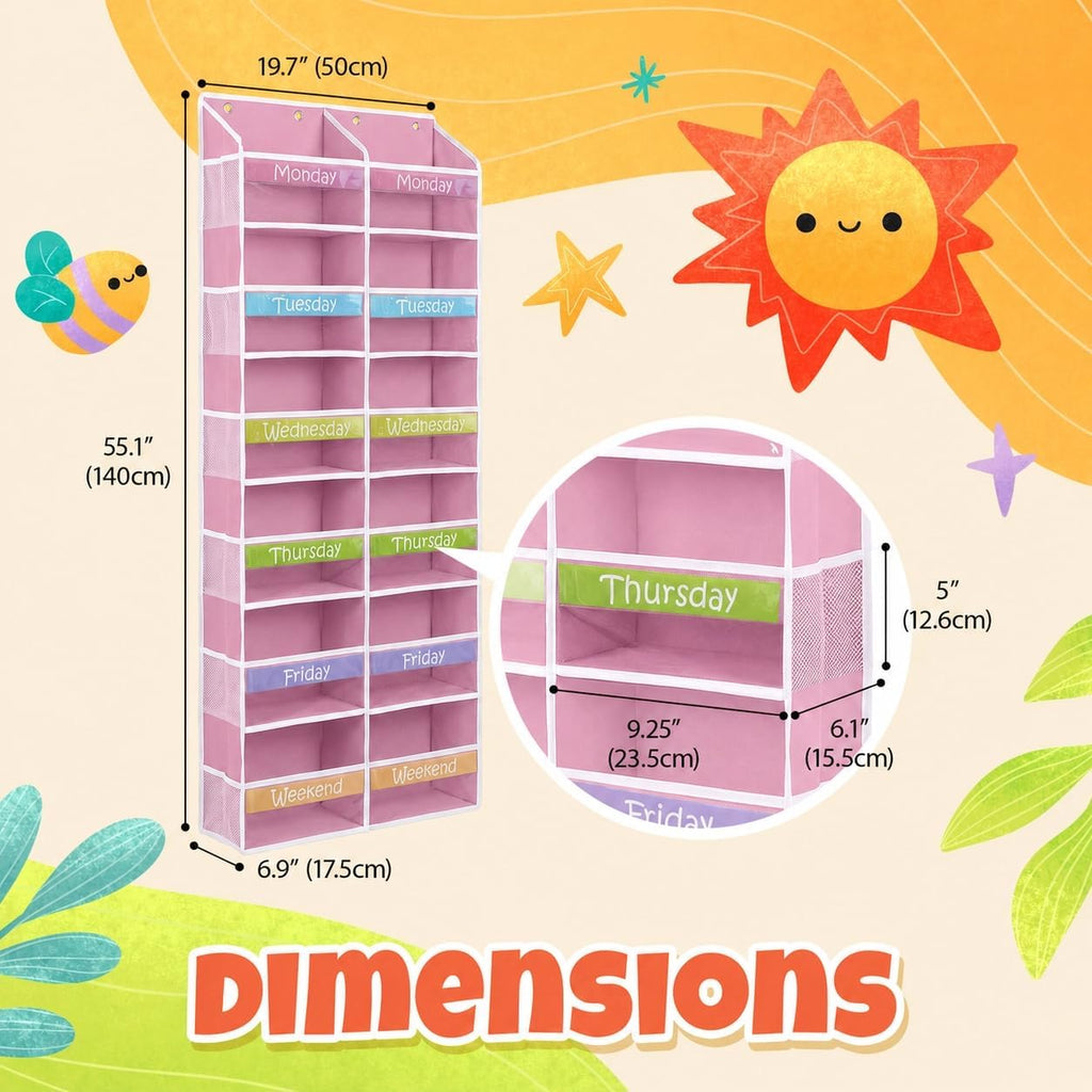 Housables Weekly Clothes Organizer for Kids, Kids Closet, 12 Shelf, Pink