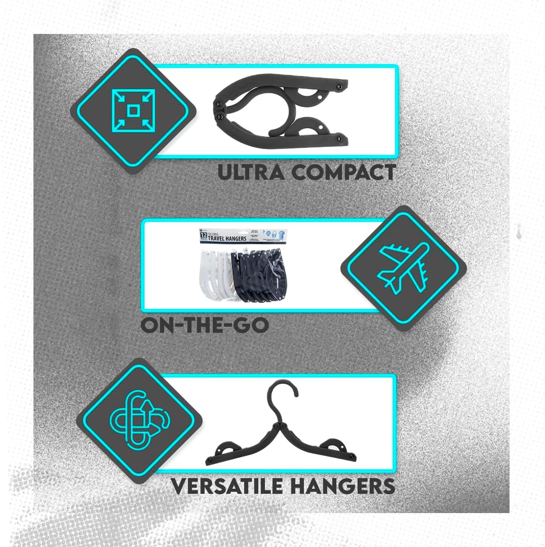 SE 12-piece Set of Folding Ultra Compact Travel Hangers (Black & White), Open 16-Inches Folded 5-Inches
