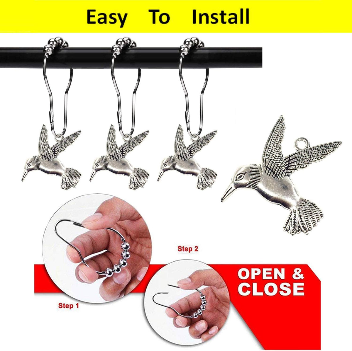 Hummingbird Shower Curtain Hooks Rings Bird Garden Nature Spring Theme Decoration Stainless Steel Rustproof Set of 12 (Silver)