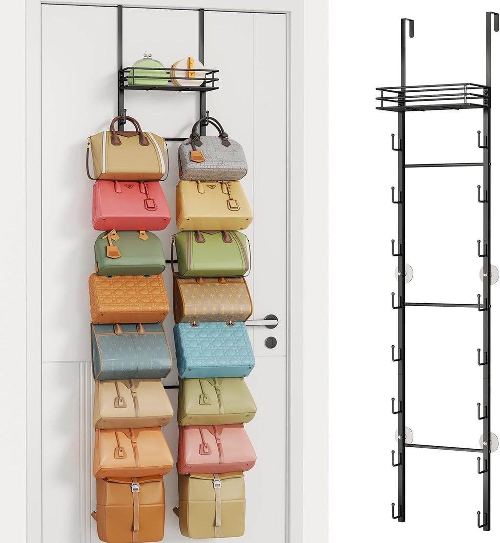 HapiRm Over the Door Purse Organizer - Wall Mounted Purse Rack with 16 Hooks and Metal Basket, Hanging Handbag Organizer Holds up to 16 Bags, Bag Rack Can Use As 1/2 Part, for Door, Closet (Black)