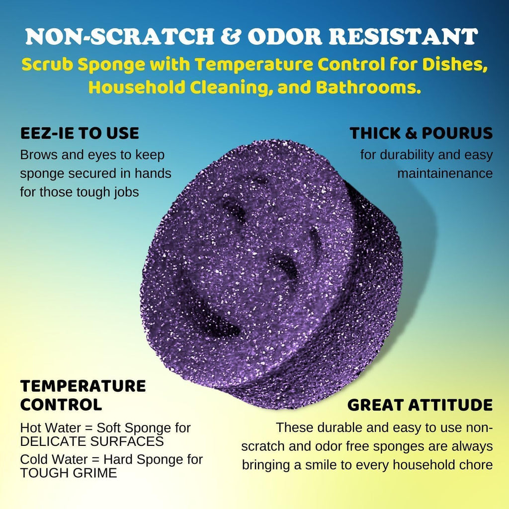 The Original Scrub Moji Scrubbing Sponge by Smilyeez (Set of 3) - Purple - Temperature-Responsive Polymer Foam, Stain and Odor Resistant, Ideal for Kitchen and Bathroom Cleaning