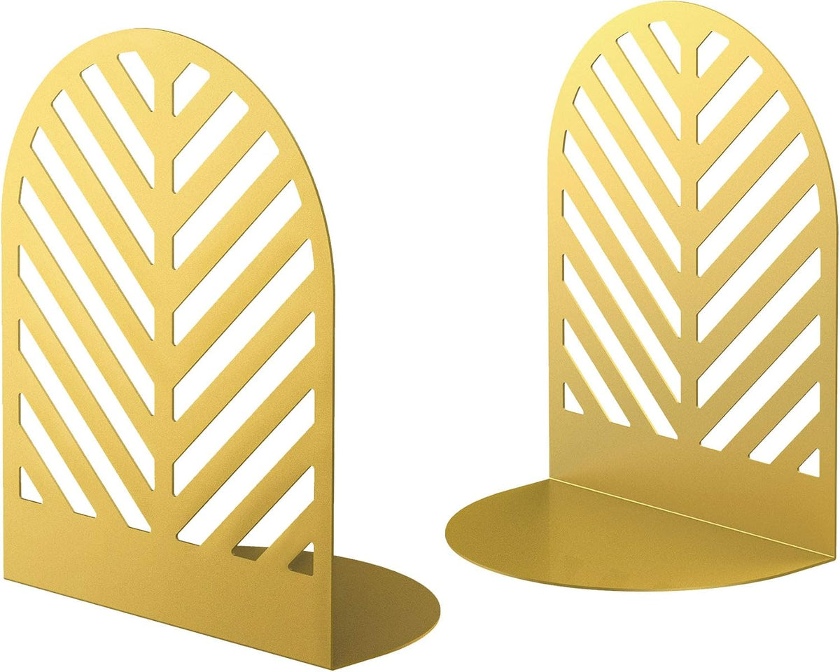 QiMing Leaf Gold Bookends for Books,1 Pair Metal Book Holders for Office Shelves Adults Gift(Gold)