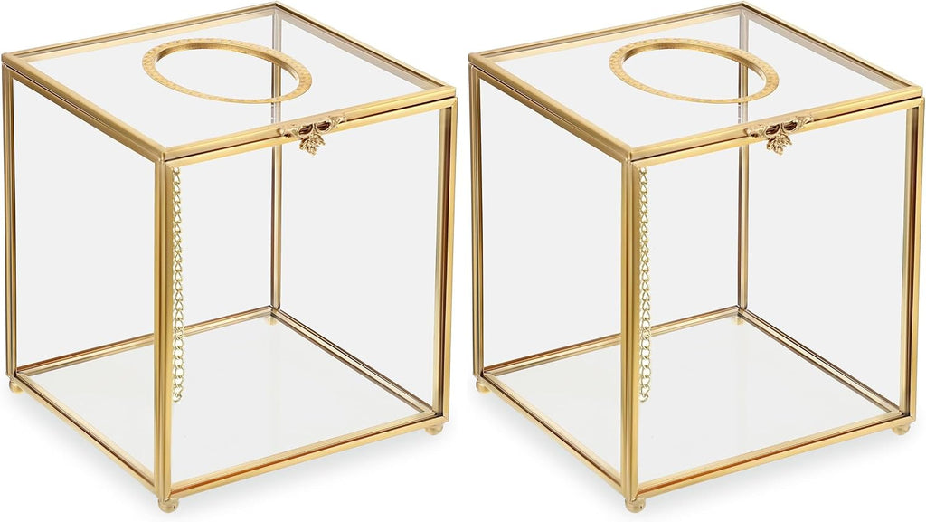 Sumnacon Square Clear Glass Tissue Box Cover -Dainty Cube Tissue Box Holder, Gorgeous Gold Facial Tissue Holder for Dresser Bathroom Bedroom Home Office Bar Restaurant Decor (Pack of 2)