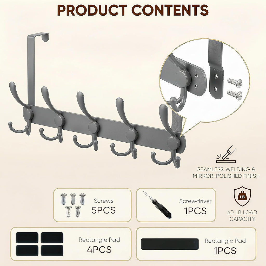 Over The Door Hooks, Heavy Duty Door Hanger with 5 Tri-Hooks for Hanging Clothes, Coats, Towels, Matte Gray OTD Storage Rack, Fits Standard 1-3/4" Doors, 60 lbs Max