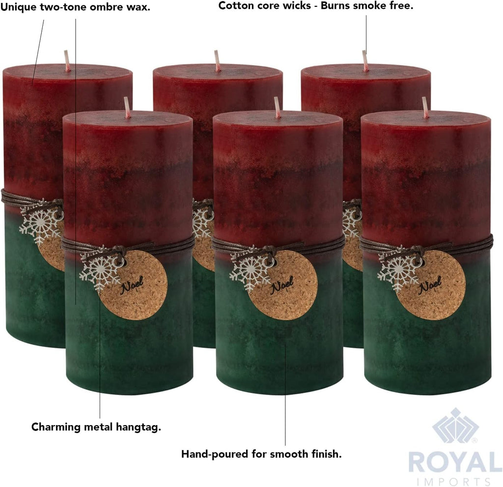 Royal Imports Christmas Candles 6" Red Green Ombre Pillar Candles 6PCS