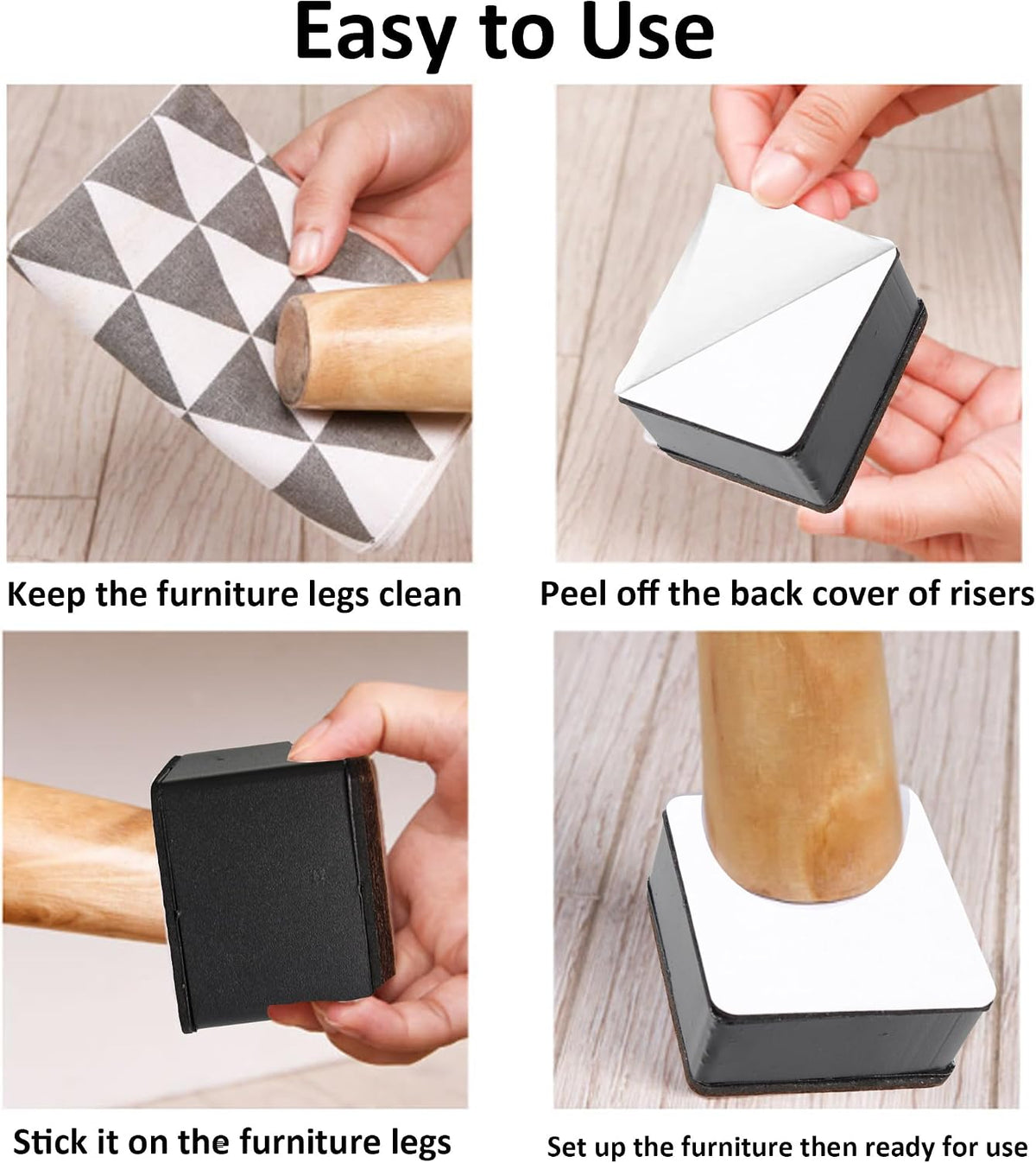 4PCS 1.2Inch Self-Adhesive Square Furniture Riser, Black Carbon Steel Bed Table Sofa Lift Riser, Heavy Duty Couch Cabinet Riser, Adds 1.2 Inch Height with Felt Pad