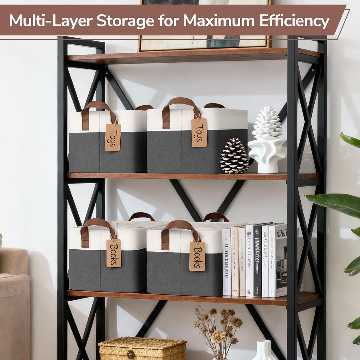 CHICVITA 4 Pack Fabric Storage Bins for Shelves, 20L Gray & White
