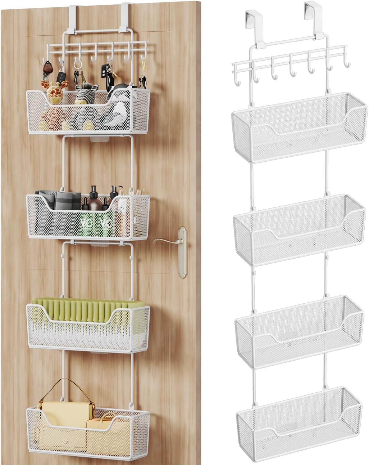 HapiRm Over Door Organizer Storage - Hanging Door Organizer with 4 Metal Large Capacity Baskets and Adjustable Coat Hook for Bathroom Bedroom Kitchen Pantry Closet Cabinet