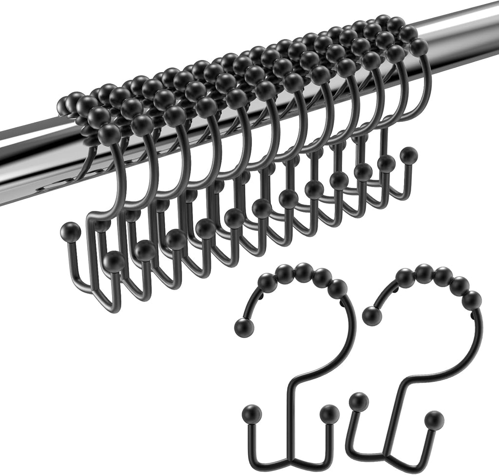 Shower Curtain Hooks Rings, Rust Proof Stainless Steel Shower Curtain Hooks Double Sided for Bathroom Shower Rods Curtains, Set of 12, Black